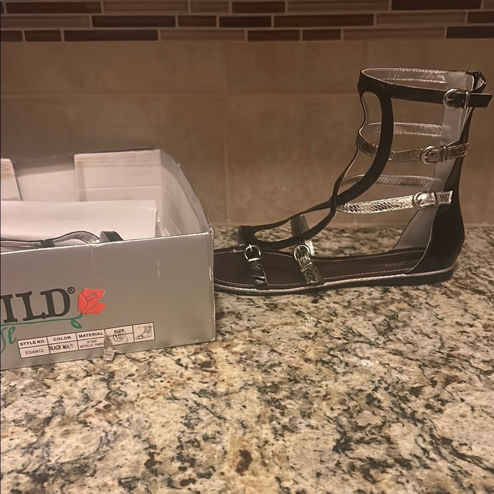 Wild Rose Black and Silver Strappy Sandals